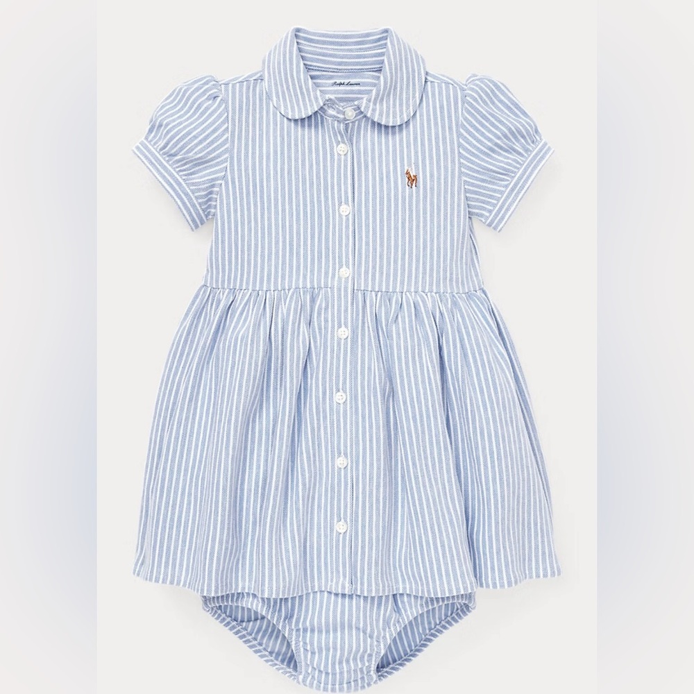 Ralph Lauren Striped Oxford Shirtdress & Bloomer Light Blue Size 9M